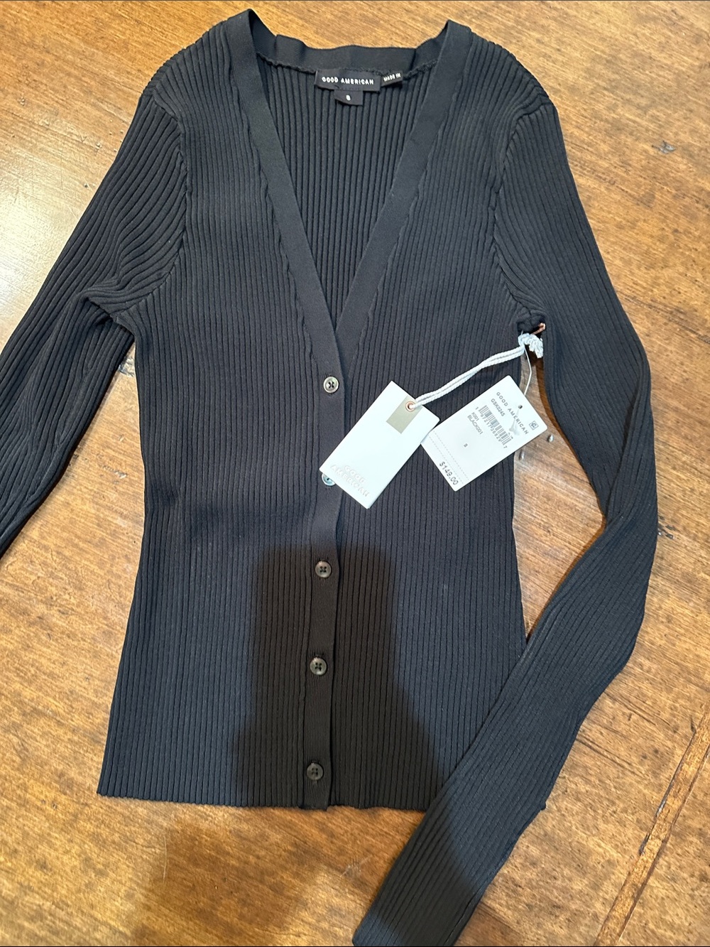 Good American Black Ribbed V-Neck Button Cardigan